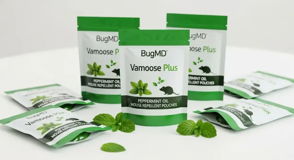 BugMD Vamoose Plus peppermint oil repellent pouches for mice control.