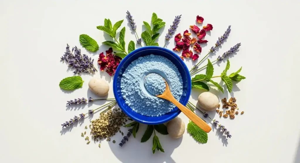 Moroccan Nila powder in a blue bowl used for skin brightening and natural skincare.
