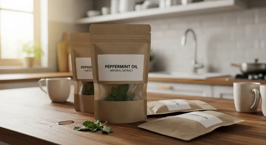 Natural peppermint essential oil mouse repellent pouches on a kitchen countertop.
