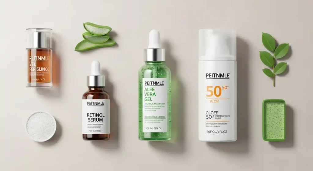 flat lay of retinol serum aloe gel and sunscreen