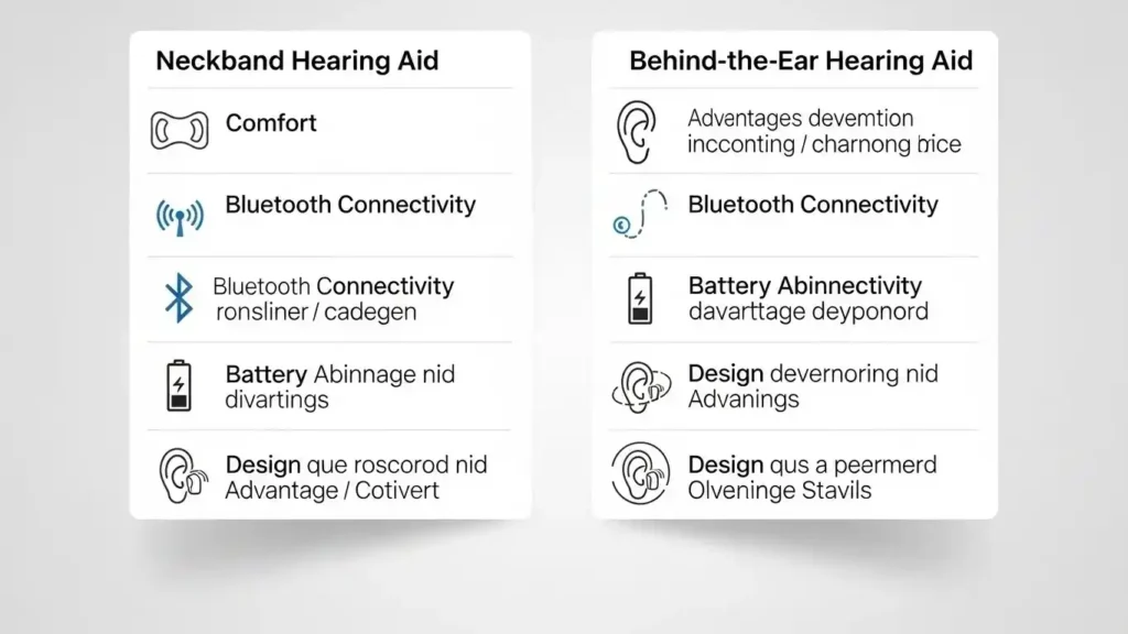 Infographic comparing neckband hearing aids and behind-the-ear models based on comfort, Bluetooth, battery and design.