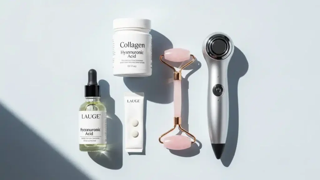 Natural alternatives for Ozempic face including skincare products and facial tools