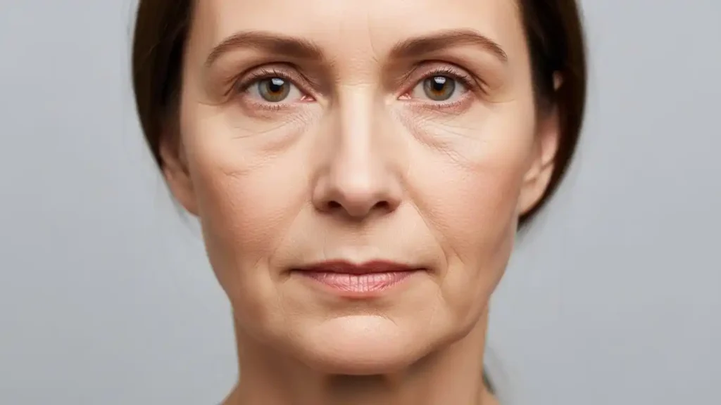 Signs of Ozempic face including sunken cheeks and under eye hollowness