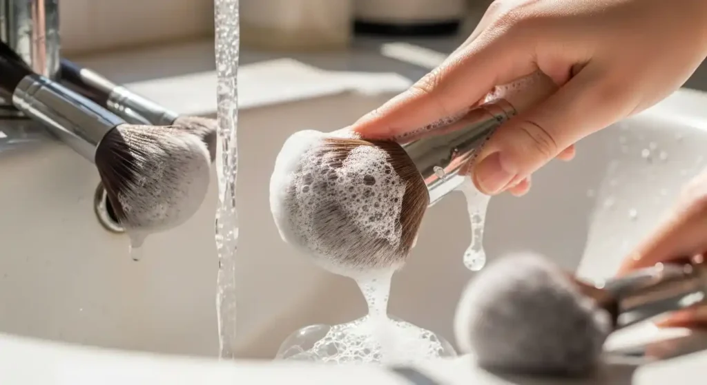 Washing makeup brushes with soap for hygiene and long-lasting use
