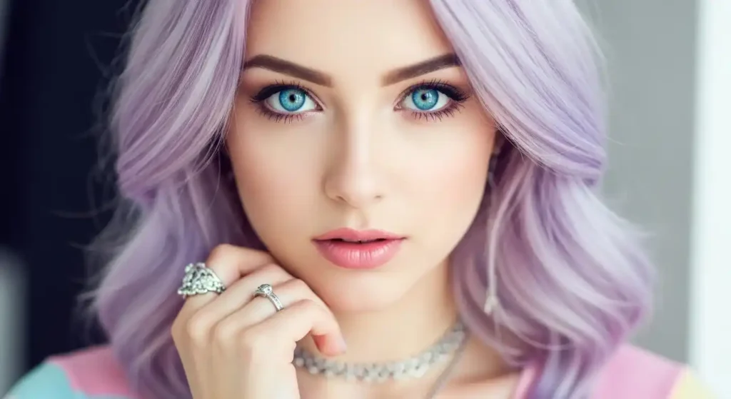 purple hair blue eyes trendy look