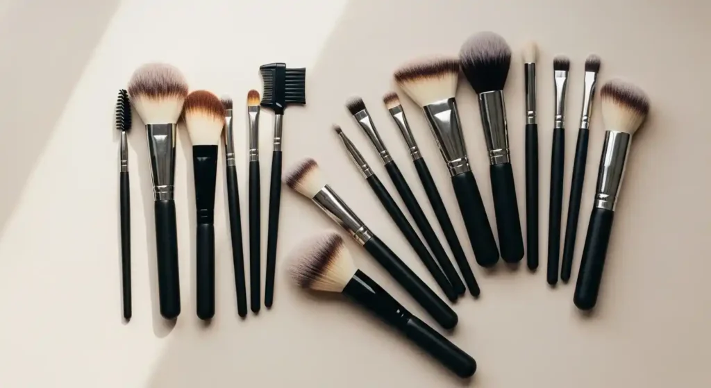 Professional makeup brushes arranged for face and eye application
