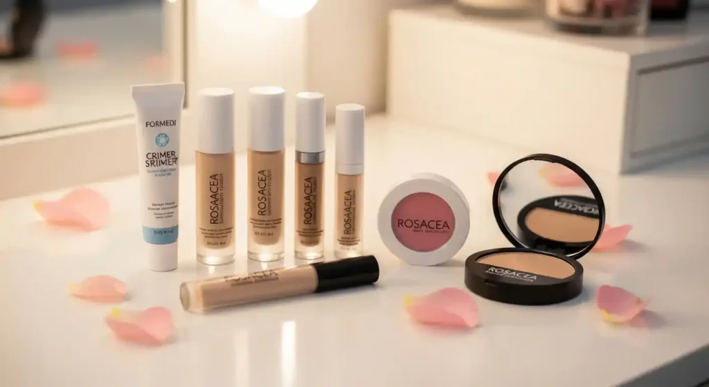 A variety of rosacea friendly makeup products on a vanity, designed for sensitive skin to reduce redness and irritation.