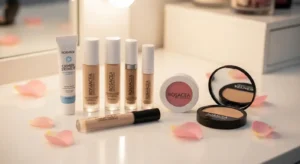 A variety of rosacea friendly makeup products on a vanity, designed for sensitive skin to reduce redness and irritation.
