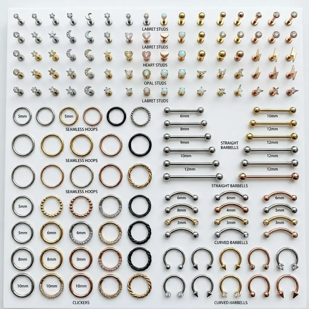 Complete cartilage jewelry set for helix piercings