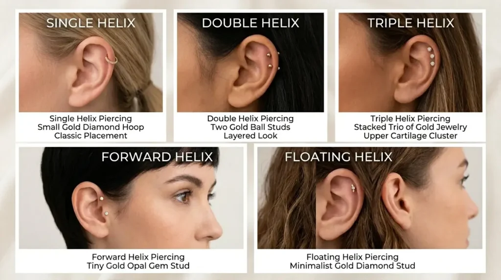 Single double triple and forward helix piercing styles