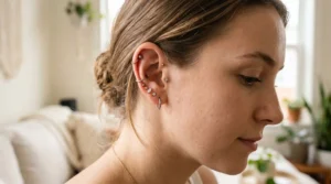 Woman with stylish titanium helix piercing jewelry on upper ear cartilage