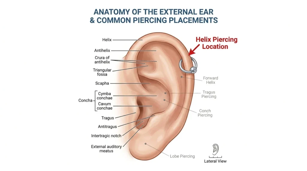 Diagram showing the placement of a helix cartilage piercing on the ear