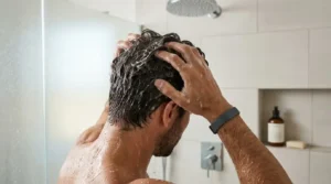 Man massaging shampoo into wet hair in the shower to treat dry scalp