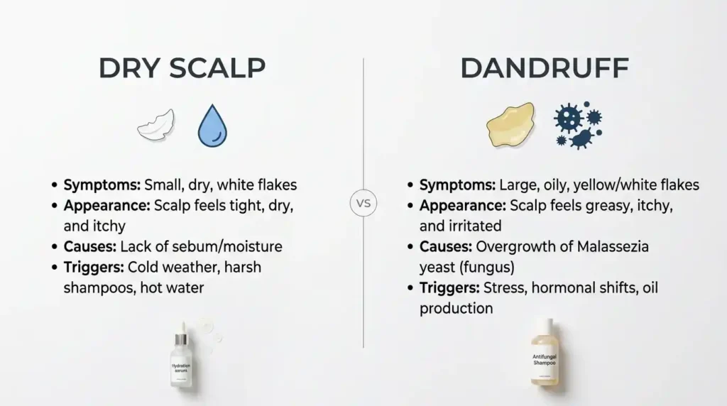 Side-by-side visual comparison of dry scalp flakes versus dandruff flakes in men