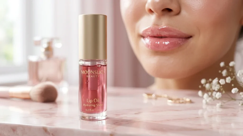 Moonslice Beauty Lip Oil review featuring the glossy vegan lip oil with hydrated shiny lips in the background