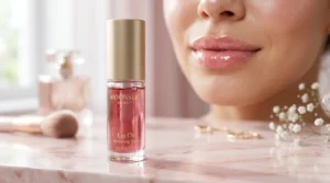 Moonslice Beauty Lip Oil review featuring the glossy vegan lip oil with hydrated shiny lips in the background