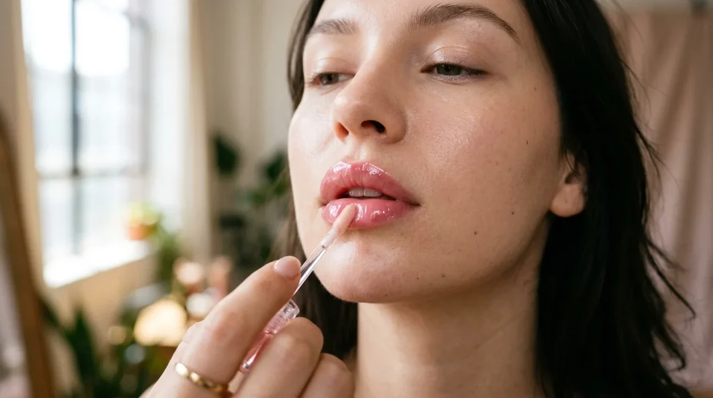 Woman applying sheer glossy pink lip oil for a hydrated glass-lip finish