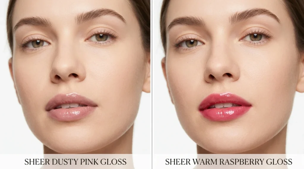 Two lip oil shades side by side — Popular dusty pink and Raspberry Kiss on model's lips