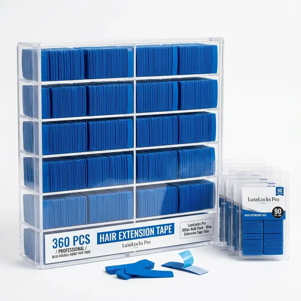 Blulu 360pcs Blue Hair Extension Tape Tabs Bulk Pack double sided adhesive on white background