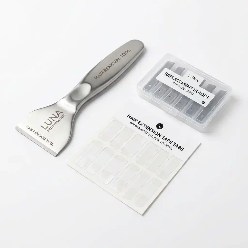GOO GOO Tape In Extension Remover Tool Kit with scraper blades and tape tabs on white background