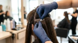 Professional hairstylist applying a replacement tape tab to a tape in hair extension near the root