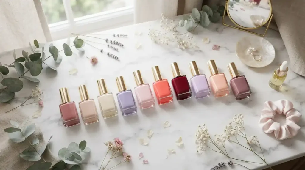 Best non toxic nail polish brands displayed on a luxury beauty flat lay.