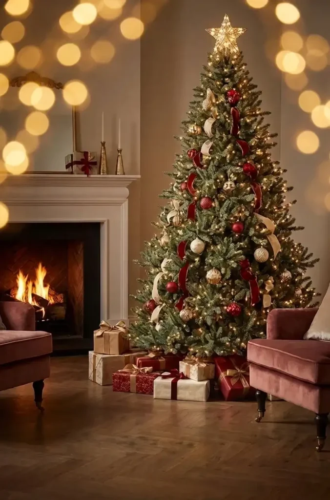Balsam Fir Christmas tree with red ornaments and gift boxes underneath in a cozy living room