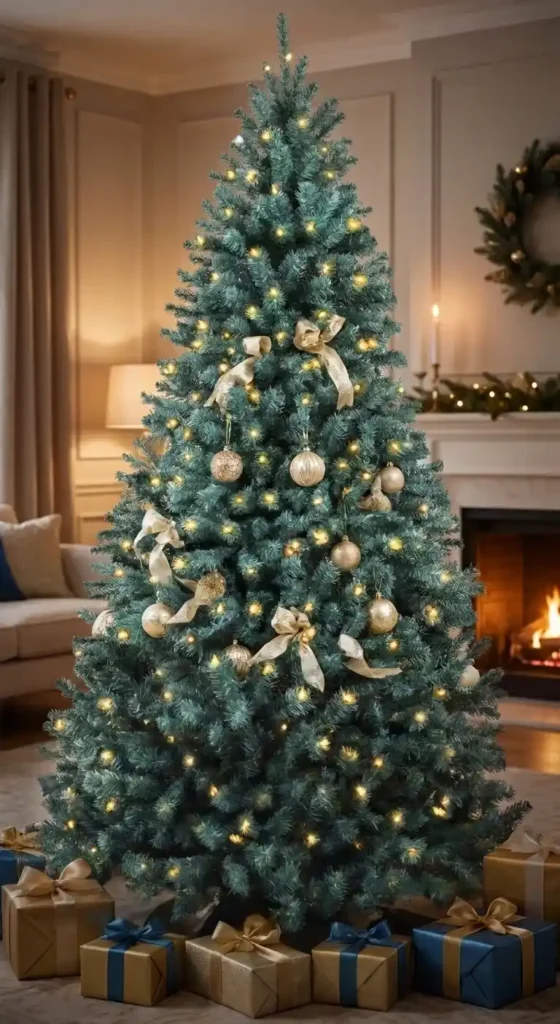 Blue Spruce tree with gold ornaments and ribbon in a modern living room