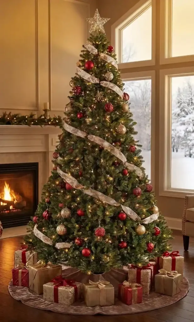 Fully decorated Douglas Fir Christmas tree with red and gold ornaments near a snowy window