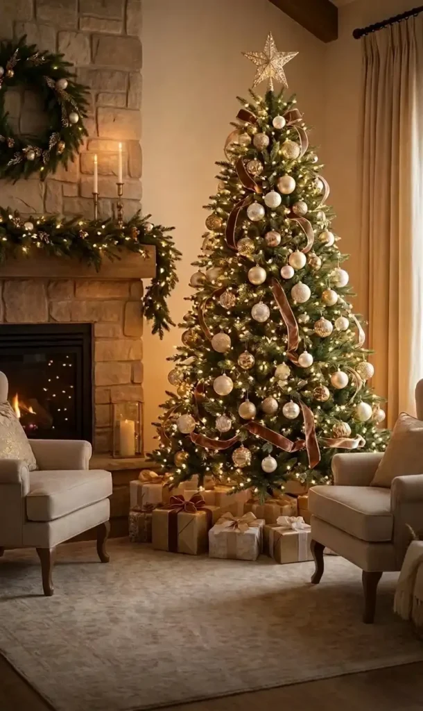 Decorated Dunhill Fir tree with gold ornaments and ribbon in a warm living room