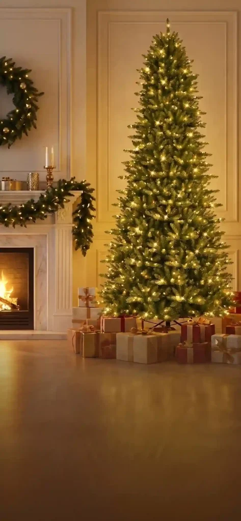 Tall, slim Fraser Fir Christmas tree with warm lights beside a decorated fireplace