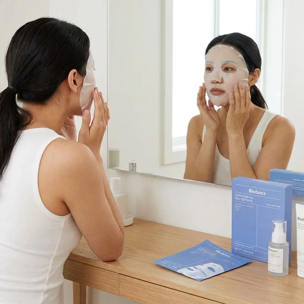 Woman applying a hydrating Korean sheet mask in front of a bathroom mirror