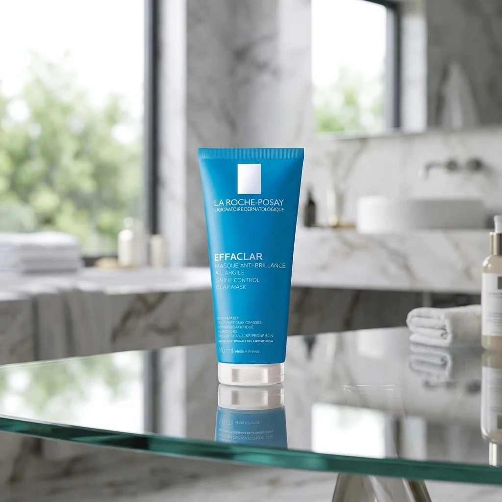 La Roche-Posay Effaclar Clay best face Maska for acne tube on a marble bathroom counter