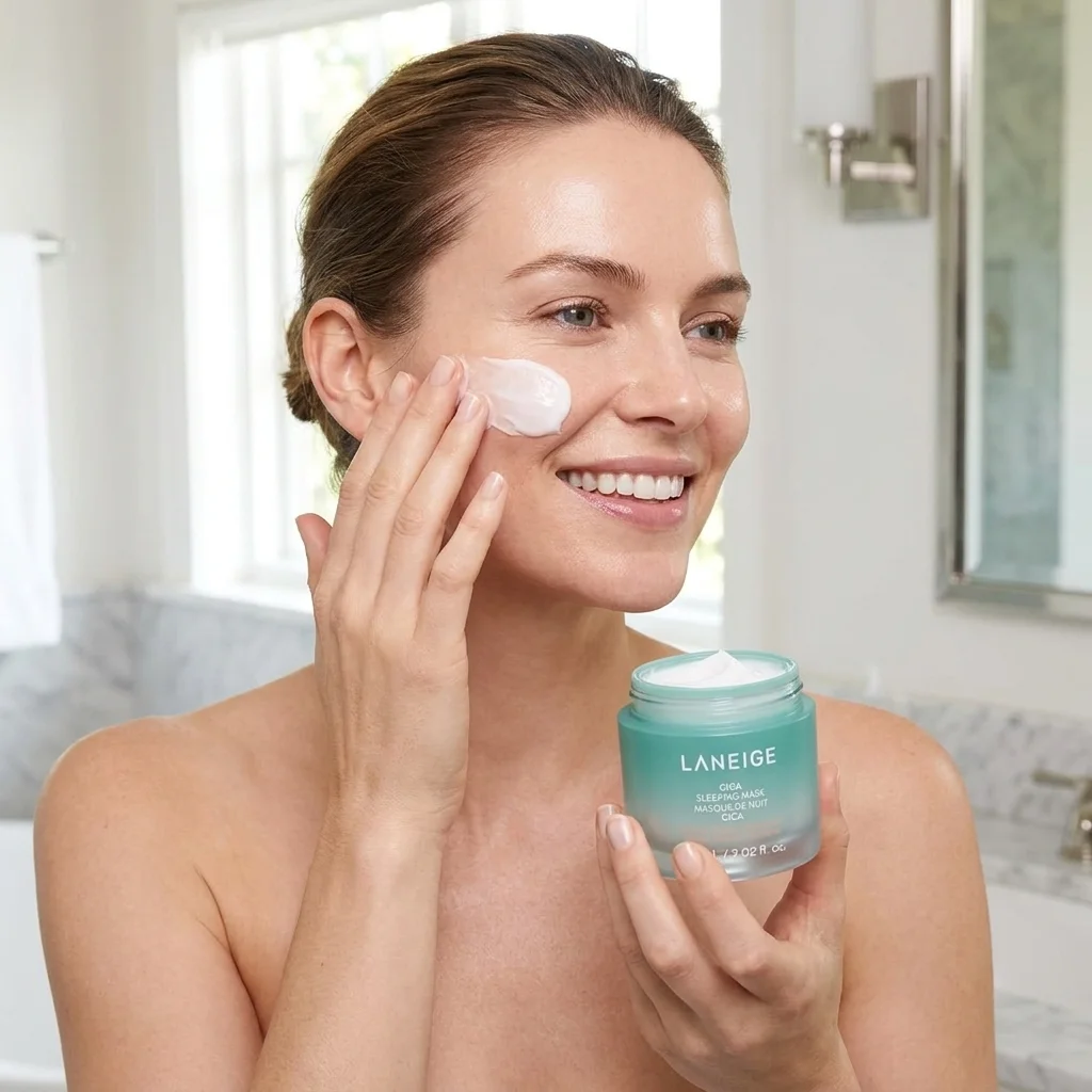 Woman applying Laneige Cica Sleeping Mask from its jar as part of a nighttime routine