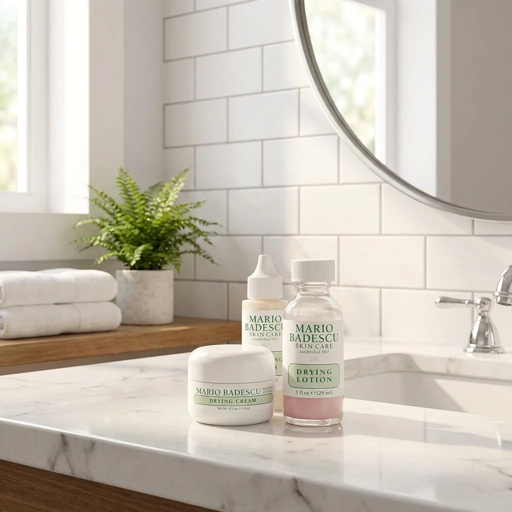 Mario Badescu Drying Lotion and Drying Cream bottles on a bathroom counter