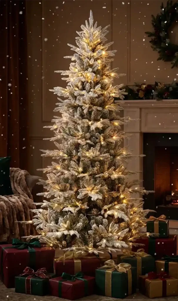 Flocked Noble Fir tree with warm lights and pinecones in a cozy living room