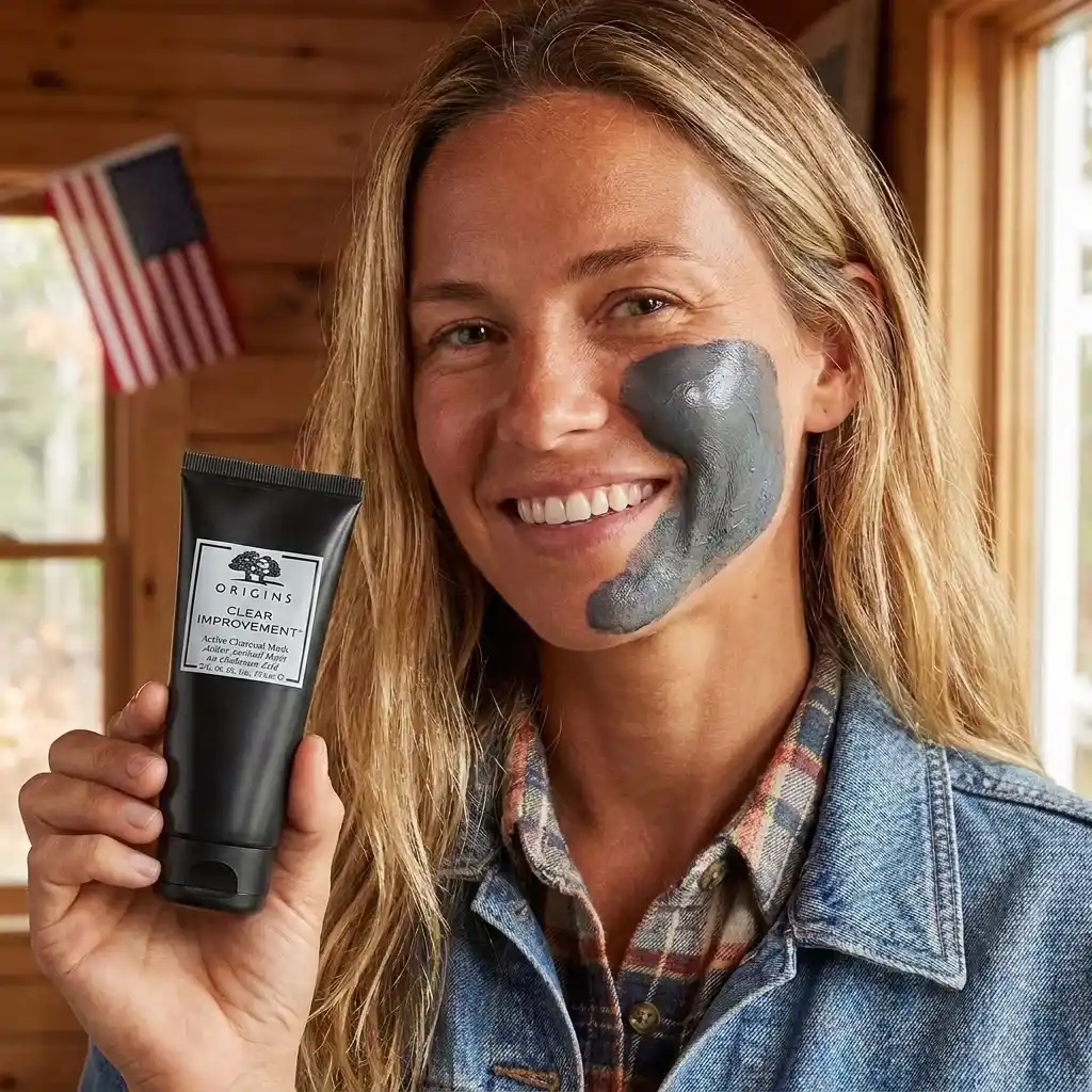Woman holding Origins Clear Improvement Active Charcoal face Mask for acne with mask applied on cheek