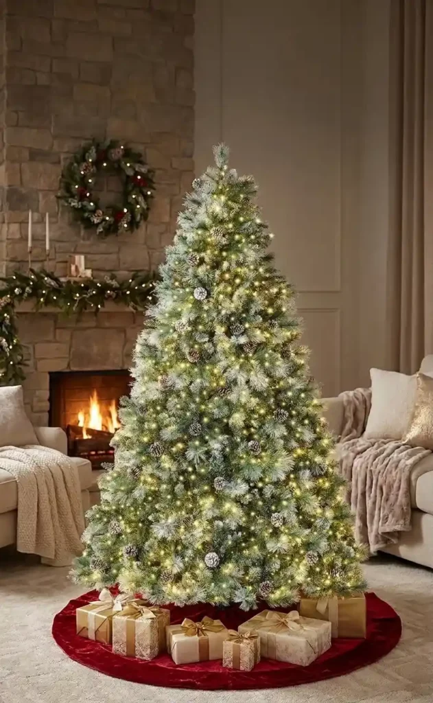 Pre-lit frosted Scotch Pine Christmas tree with pinecones on a red tree skirt