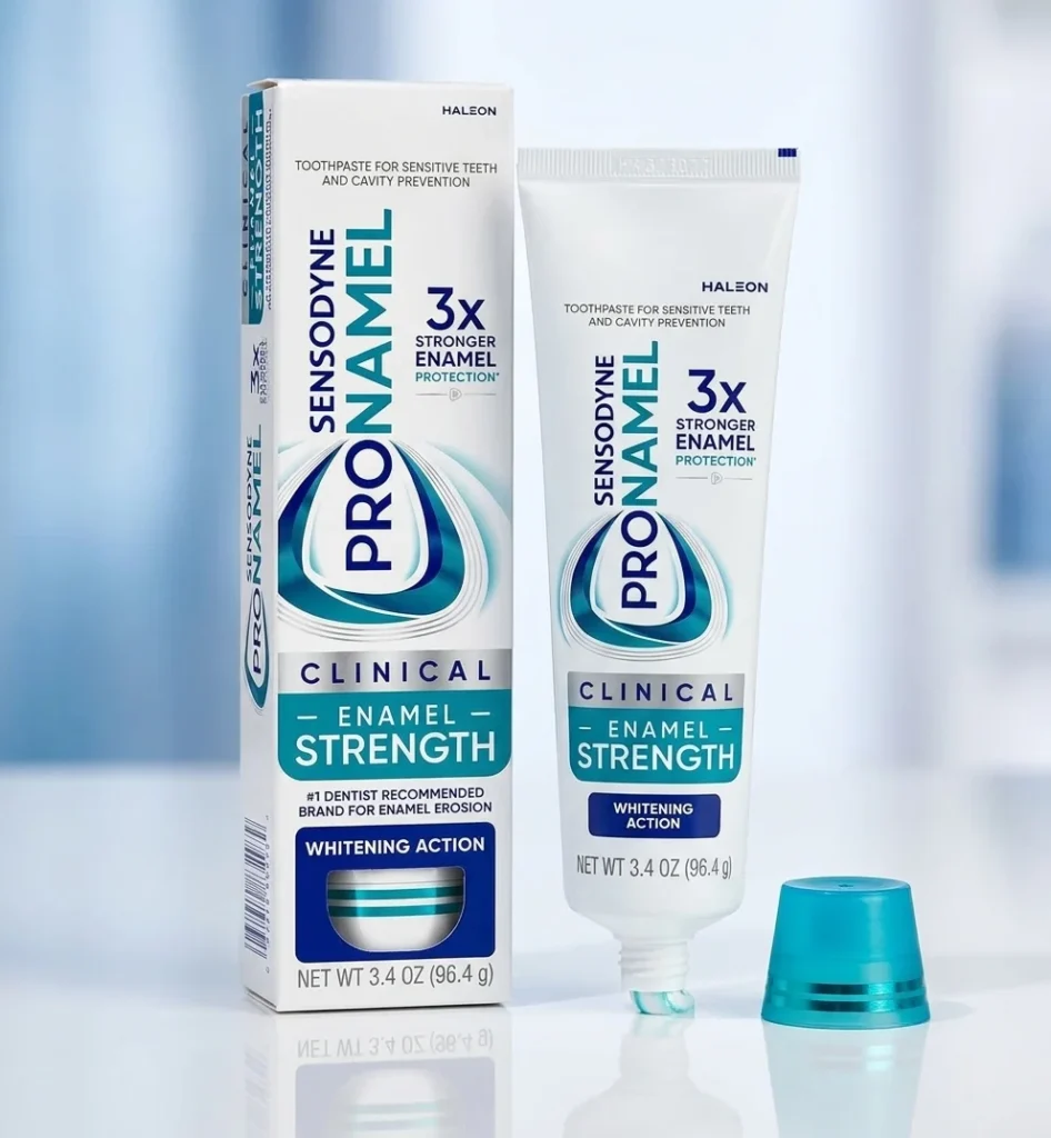 Sensodyne Pronamel Clinical Enamel Strength whitening toothpaste box and tube