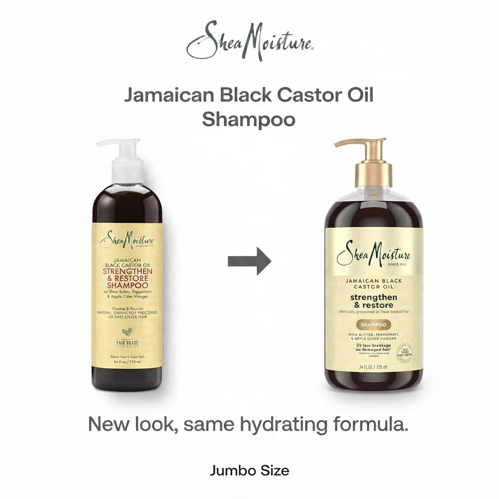 SheaMoisture Jamaican Black Castor Oil Strengthen & Restore Shampoo showing updated packaging design, 24 fl oz jumbo size