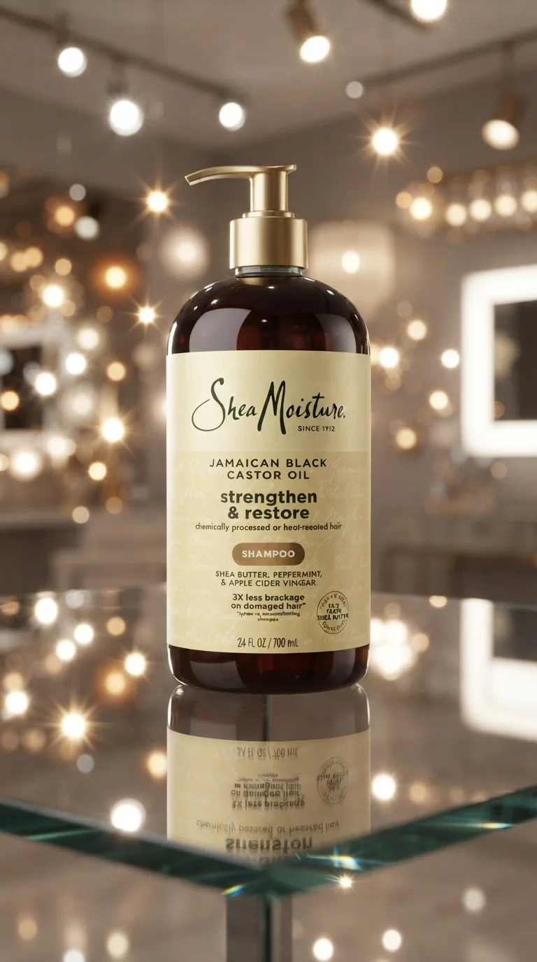 SheaMoisture Jamaican Black Castor Oil shampoo bottle with gold pump on glass surface with bokeh lighting background