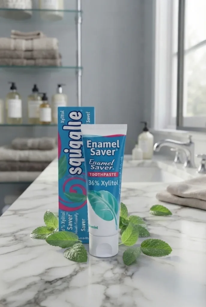 Squigle Enamel Saver 36 percent xylitol Best Toothpaste for Canker Sores tube and box on bathroom counter