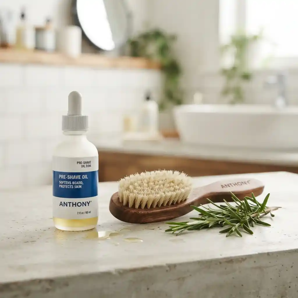 Anthony Pre-Shave and Conditioning Beard Oil bottle with a beard brush