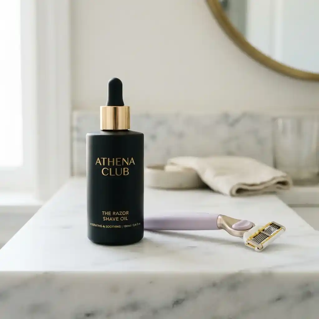 Athena Club shaving oil bottle beside a razor on a marble counter