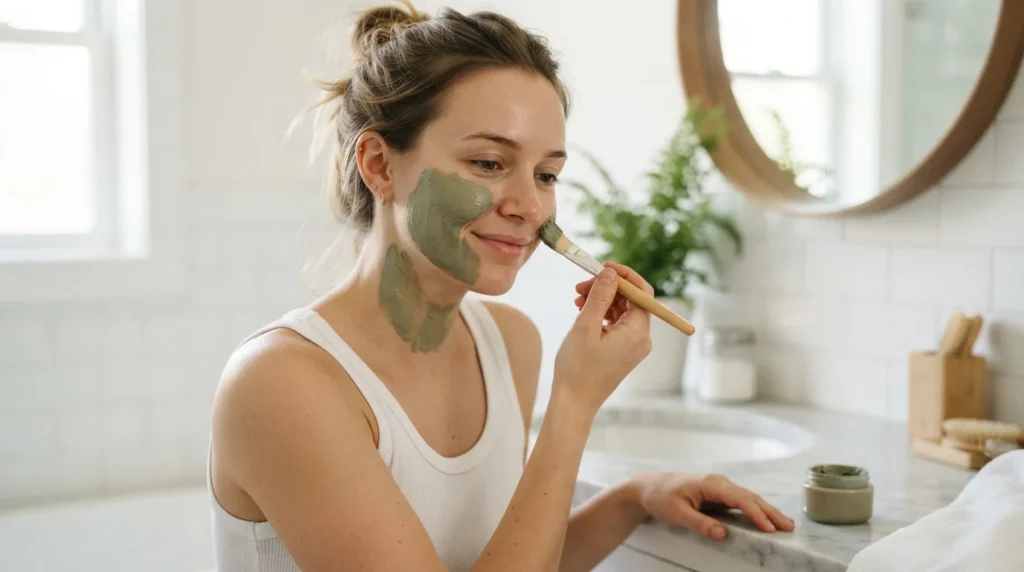 Woman applying a green clay best face maska for acne with a brush in her bathroom