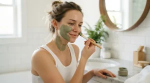 Woman applying a green clay face mask with a brush in her bathroom
