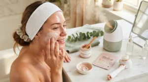 Woman applying clay mask as part of best facial for acne treatment routine