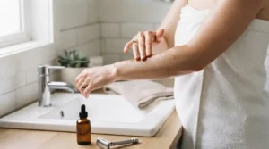 Person applying shave oil to skin at a bathroom sink before shaving