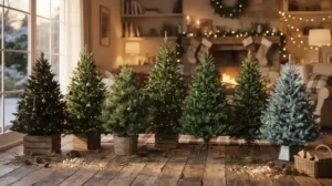 Comparison of the best smelling Christmas trees including Balsam Fir, Fraser Fir, and Douglas Fir in a cozy living room