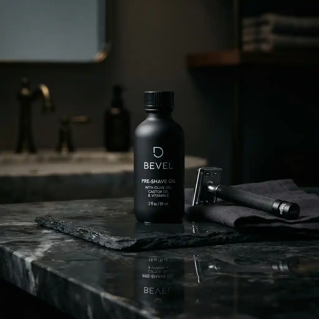 Bevel Pre Shave Oil bottle beside a safety razor on a dark counter